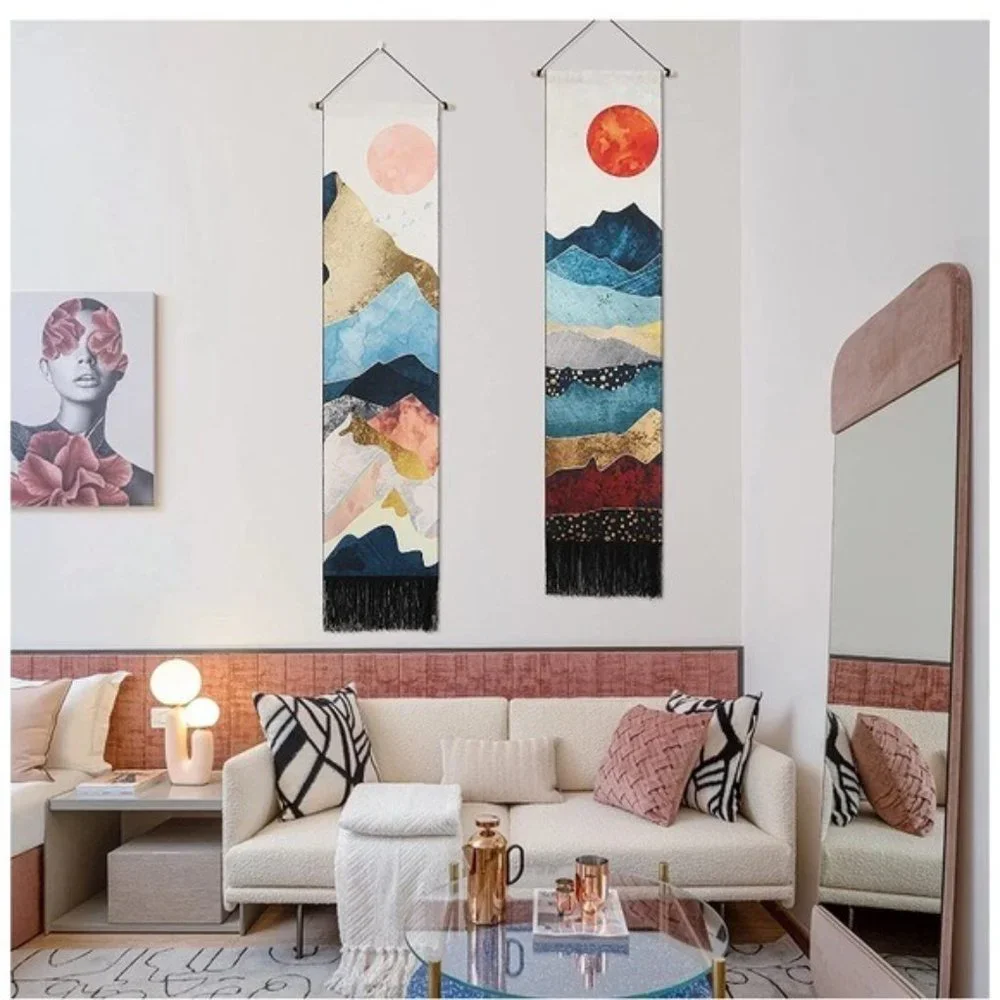 Retro Mountain Sunset/Sunrise Vintage Modern Outdoor Landscape Art Tapestry Set